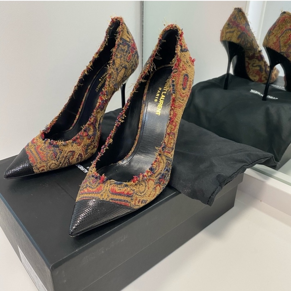 Never used Saint Laurent tapestry tweed heels pointy cap saffron 39